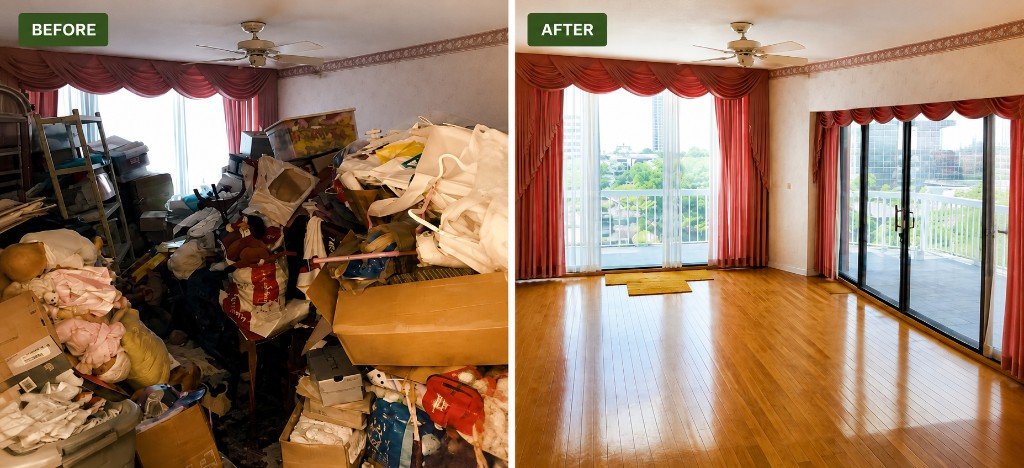 Property cleanout before and after, cluttered room cleared to an empty, ready-to-sell space