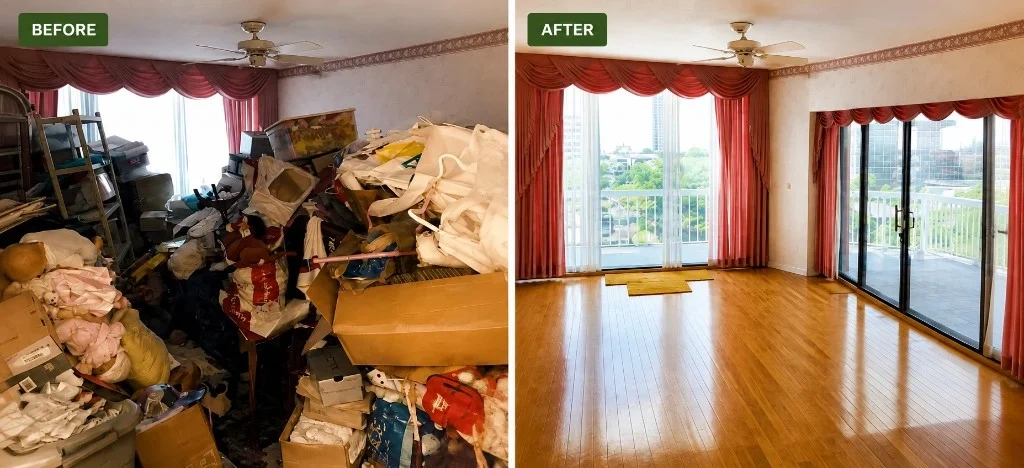 Property cleanout before and after, cluttered room cleared to an empty, ready-to-sell space